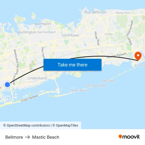 Bellmore to Mastic Beach map