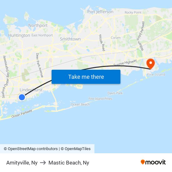 Amityville, Ny to Mastic Beach, Ny map