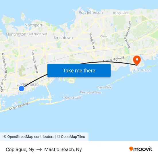 Copiague to Mastic Beach, Ny map