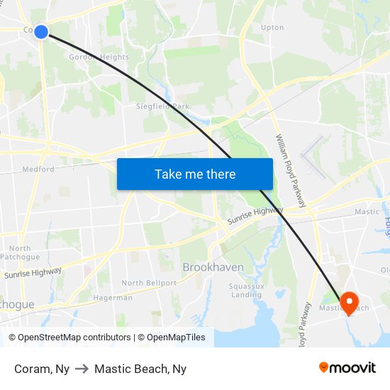 Coram, Ny to Mastic Beach, Ny map