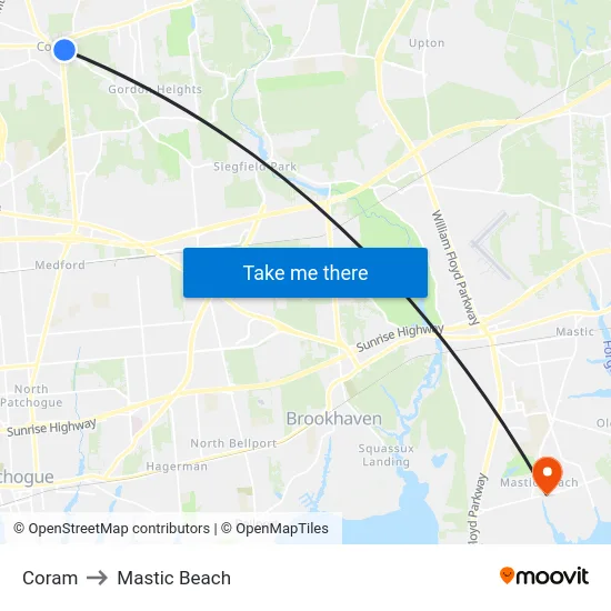 Coram to Mastic Beach map
