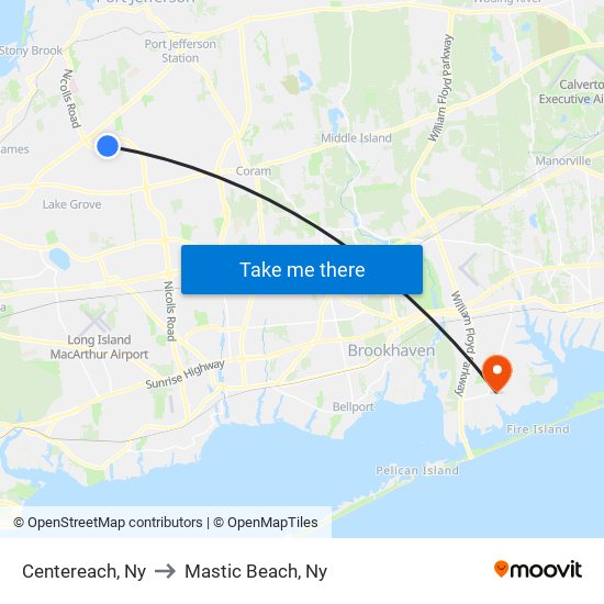 Centereach, Ny to Mastic Beach, Ny map