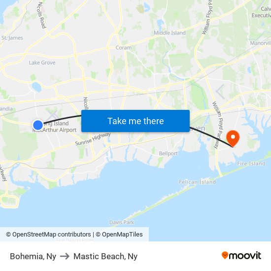 Bohemia, Ny to Mastic Beach, Ny map