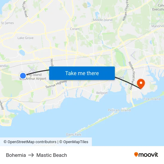 Bohemia to Mastic Beach map
