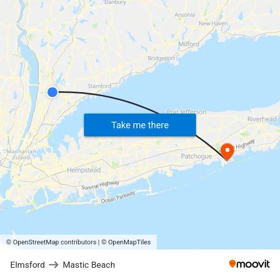 Elmsford to Mastic Beach map