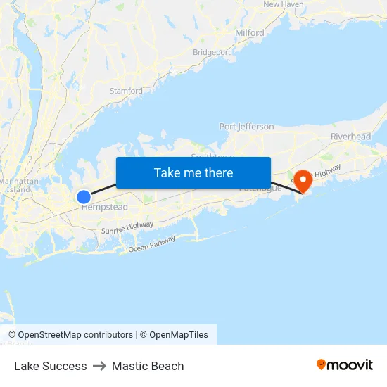 Lake Success to Mastic Beach map