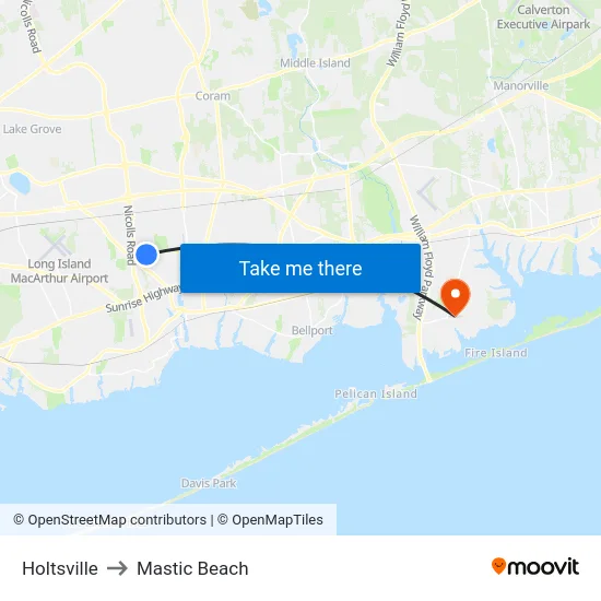 Holtsville to Mastic Beach map