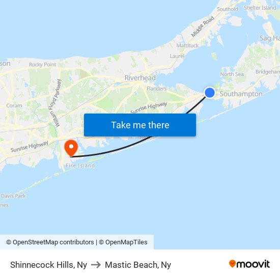 Shinnecock Hills, Ny to Mastic Beach, Ny map