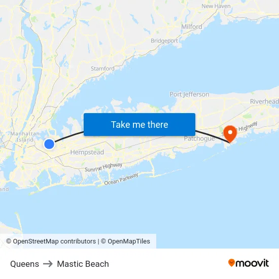 Queens to Mastic Beach map