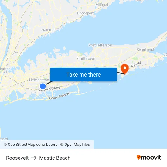Roosevelt to Mastic Beach map