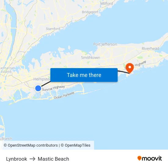 Lynbrook to Mastic Beach map