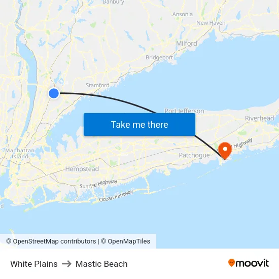 White Plains to Mastic Beach map