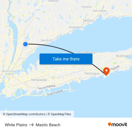 White Plains to Mastic Beach map