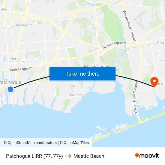 Patchogue LIRR (77, 77y) to Mastic Beach map