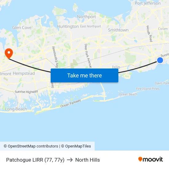 Patchogue LIRR (77, 77y) to North Hills map
