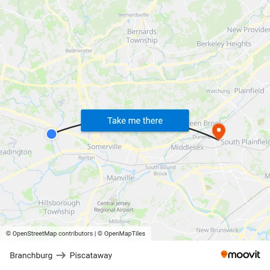 Branchburg to Piscataway map