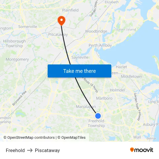 Freehold to Piscataway map