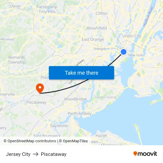 Jersey City to Piscataway map