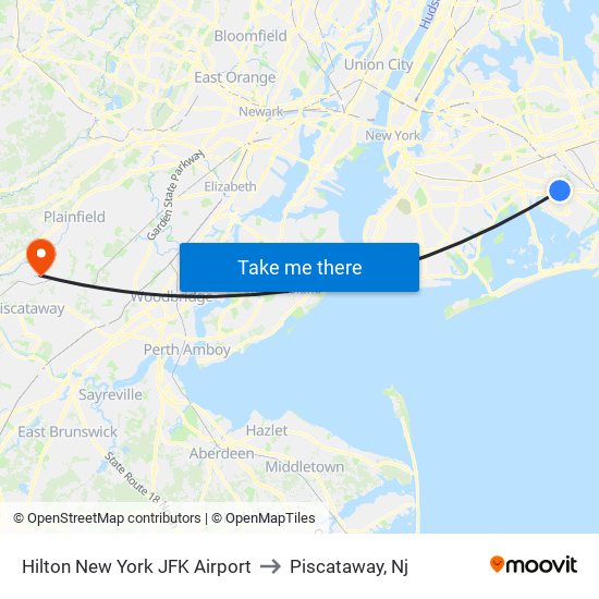 Hilton New York JFK Airport to Piscataway, Nj map