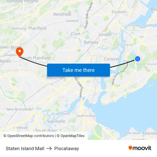 Staten Island Mall to Piscataway map