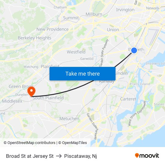 Broad St at Jersey St to Piscataway, Nj map