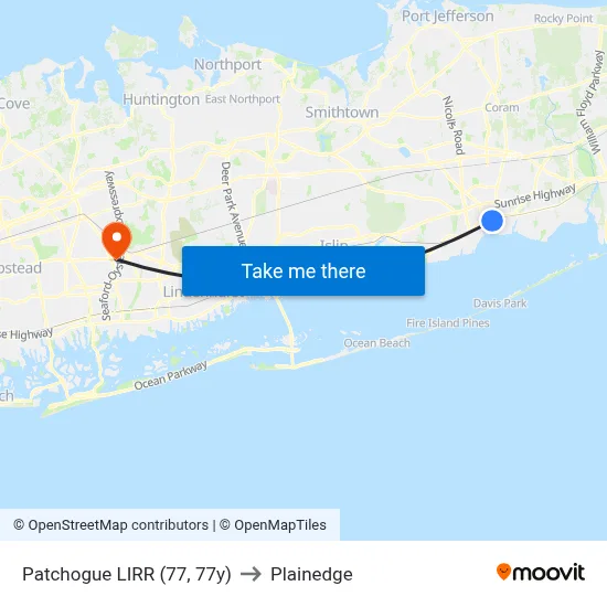 Patchogue LIRR (77, 77y) to Plainedge map