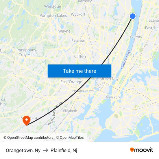 Orangetown, Ny to Plainfield, Nj map