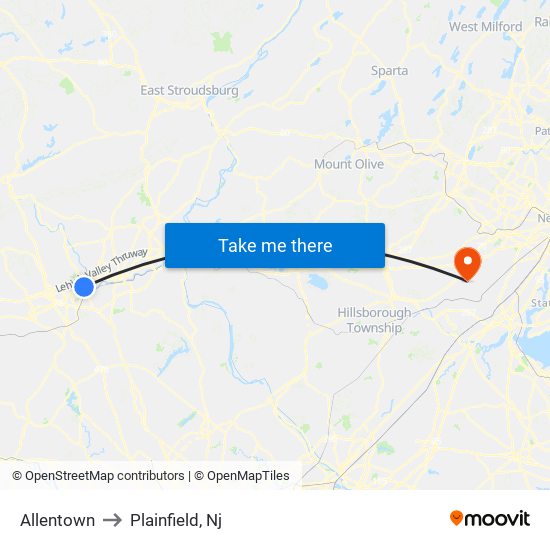 Allentown to Plainfield, Nj map