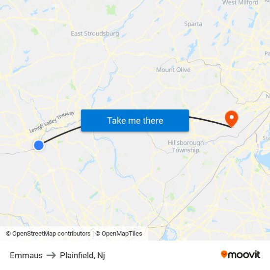Emmaus to Plainfield, Nj map