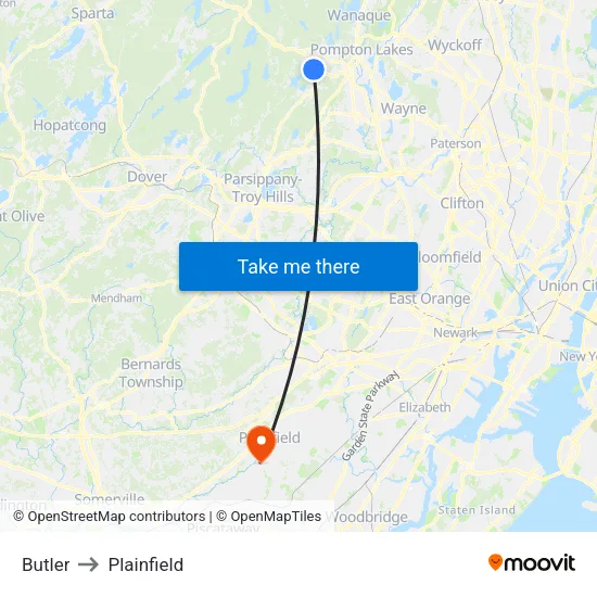 Butler to Plainfield map
