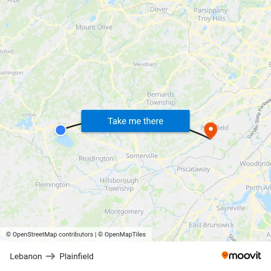 Lebanon to Plainfield map