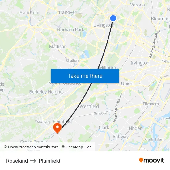Roseland to Plainfield map