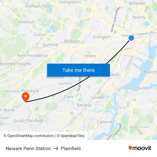 Newark Penn Station to Plainfield map