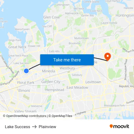 Lake Success to Plainview map