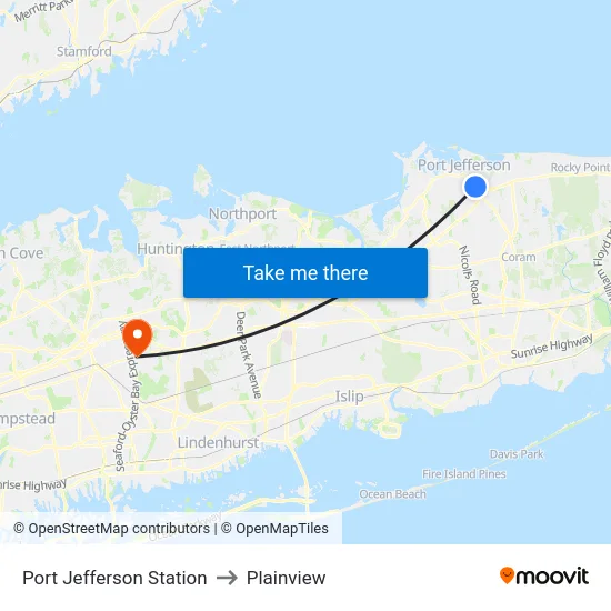Port Jefferson Station to Plainview map
