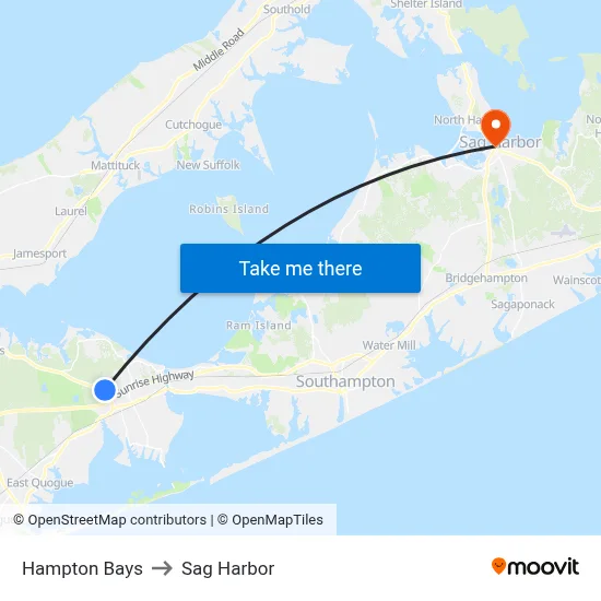 Hampton Bays to Sag Harbor map