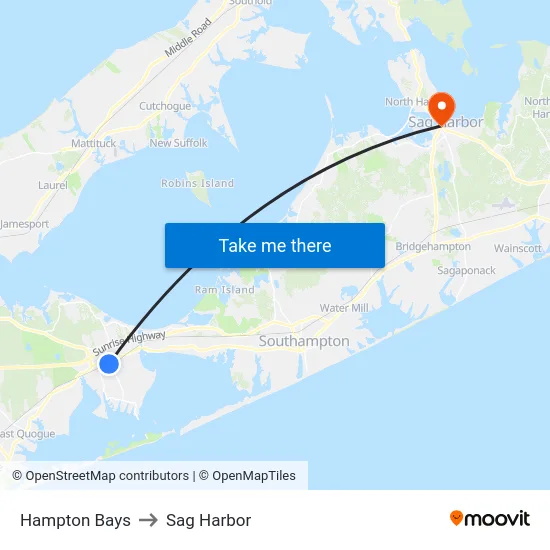 Hampton Bays to Sag Harbor map