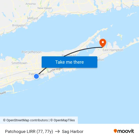 Patchogue LIRR (77, 77y) to Sag Harbor map