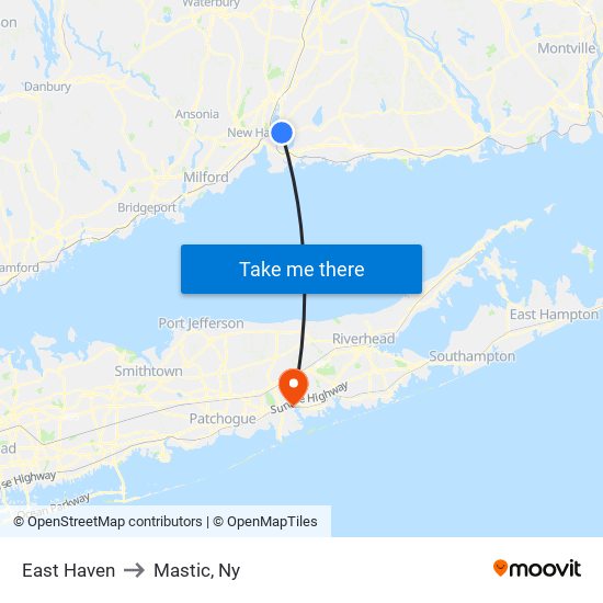 East Haven to Mastic, Ny map