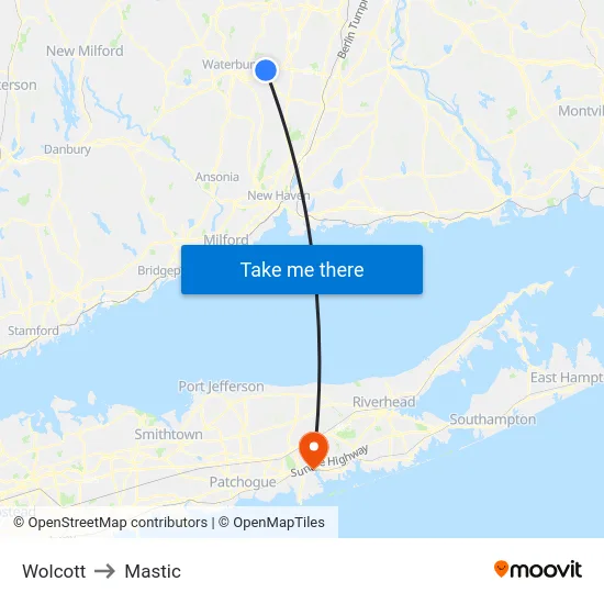 Wolcott to Mastic map