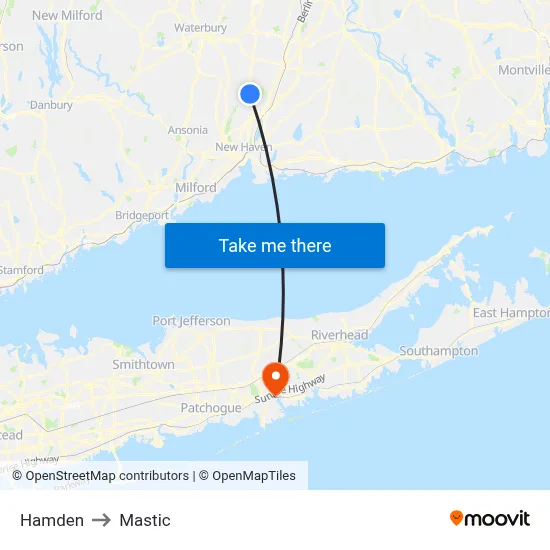 Hamden to Mastic map