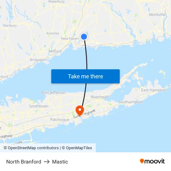 North Branford to Mastic map
