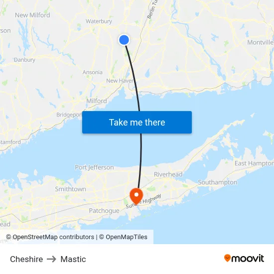 Cheshire to Mastic map