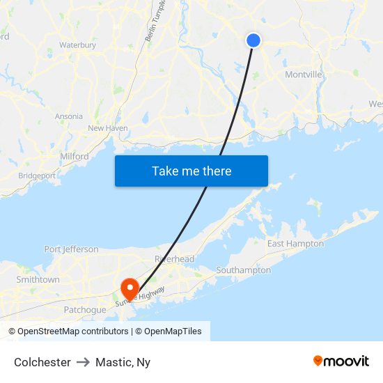 Colchester to Mastic, Ny map