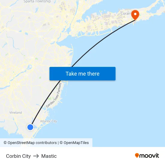 Corbin City to Mastic map