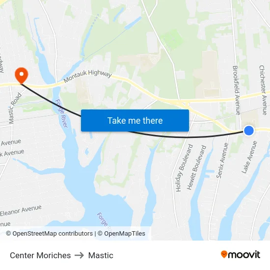 Center Moriches to Mastic map