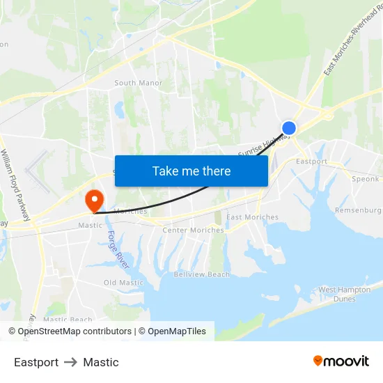 Eastport to Mastic map