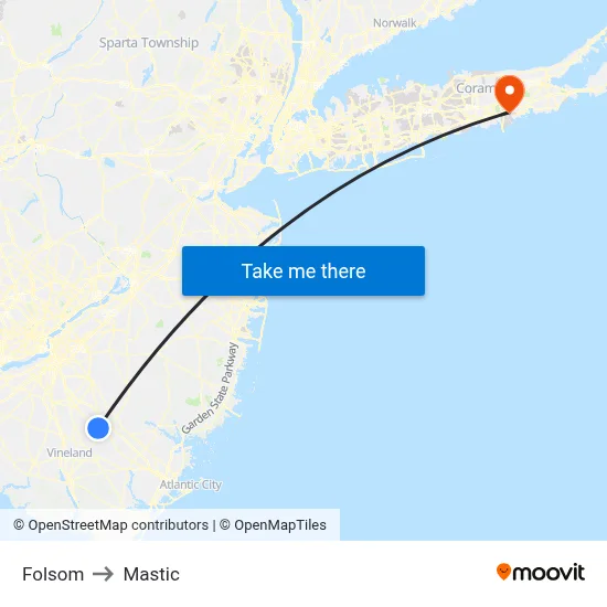Folsom to Mastic map