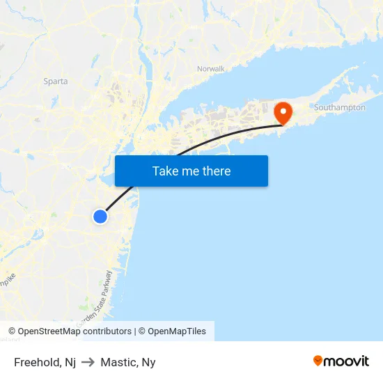 Freehold to Mastic, Ny map