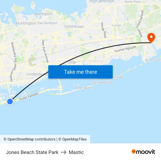 Jones Beach State Park to Mastic map